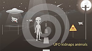 Flying saucer UFO kidnap in the field animal cow beam of light alien standing on the road banner design in dark gray background