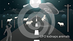 Flying saucer UFO kidnap in the field animal sheep beam of light on the road and the man takes it on the phone banner design in