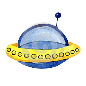 Flying saucer, UFO, shuttle flies into space. Hand drawn watercolor illustration isolated on white background. Design of children