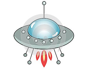 Flying saucer - UFO takes off - vector full color illustration. Spaceship alien picture on the theme of space.