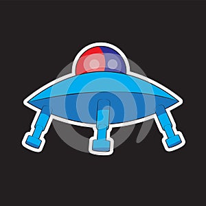 Flying Saucer UFO Vector illustration on isolated black background. Sticker. Vector image