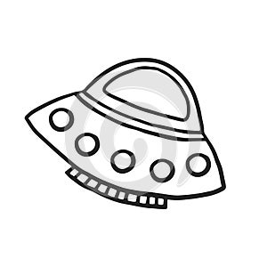 Flying saucer on a white background. Spaceship. Vector doodle spaceship in doodle style