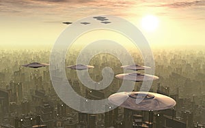 Flying saucers over a megacity photo