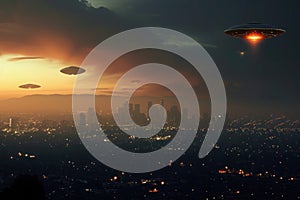 Flying saucers soar over city skyline against a dusky sky