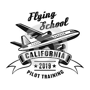 Flying school vector vintage emblem with airplane