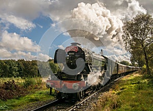 The Flying Scotsman coming around a curve on a slight incline