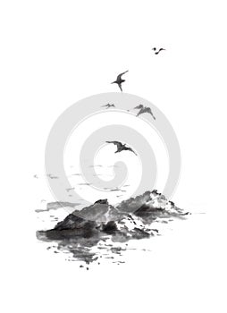 Flying sea gulls and rocks Japanese style original sumi-e ink painting.