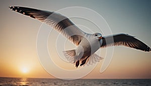 Flying seagull at sunset. Close up photo.