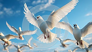 Flying seagull, symbol of peace, gliding in clear sky generated by AI