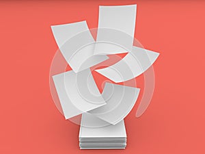 Flying sheets of office paper over a stack on a red background.