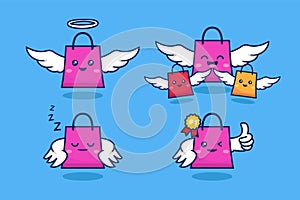 Flying shoping bag with angel wing character vector cartoon online shop store service mascot concept illustration set