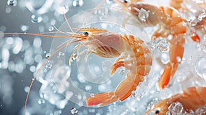 Flying Shrimps with ices on a white background. selective focus