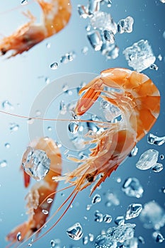 Flying Shrimps with ices on a white background. selective focus