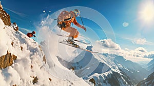 Flying skier on mountains. Extreme winter sport. 3d rendering, Extreme skiing and jumping on the snow, no visible faces, AI