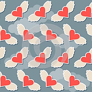 Flying in the sky with clouds brighy hearts with wings seamless pattern abstract background for valentines day or wedding