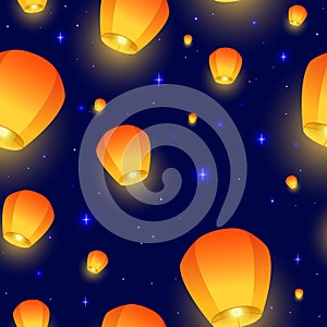 Flying Sky lanterns seamless pattern. Diwali festival, Mid Autumn Festival or Chinese festive. Luminous floating lamps