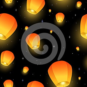 Flying Sky lanterns seamless pattern. Diwali festival, Mid Autumn Festival or Chinese festive. Luminous floating lamps