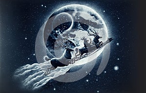 Flying in sleigh pulled by reindeer above night sky at christmas eve. Winter holiday magic background