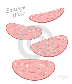 Flying slices of boiled sausage isolated on white background.