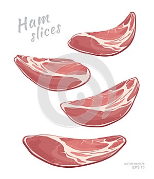 Flying slices of ham isolated on white background. Meat delicatessen product. Vector gastronomic illustration photo