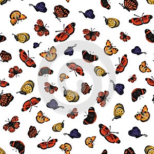 Flying small butterflies on white background, raster seamless pattern