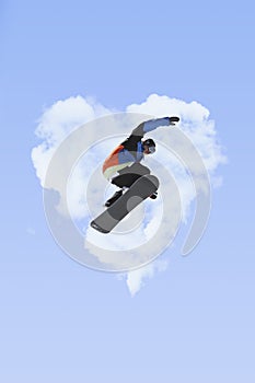 Flying snowboarder on mountains