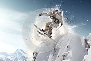 Flying snowboarder on mountains. Extreme winter sport. 3d rendering, Extreme skiing and jumping on the snow, rear view, no visible
