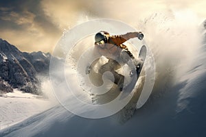 Flying snowboarder on mountains. Extreme winter sport. 3D Rendering, Extreme snowboarding on the snow, no visible faces, AI