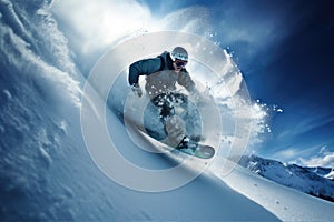 Flying snowboarder on mountains. Extreme winter sport. 3D Rendering, Extreme snowboarding on the snow, no visible faces, AI
