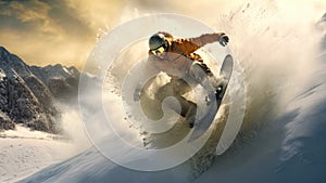 Flying snowboarder on mountains. Extreme winter sport. 3D Rendering, Extreme snowboarding on the snow, no visible faces, AI