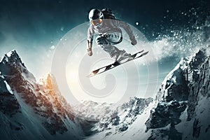 Flying snowboarder on mountains. Extreme winter sport. Generative AI