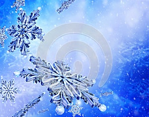 Flying snowflake on blue snow background.