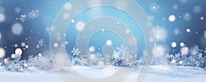 flying snowflakes close-up against blurred bokeh background, Christmas banner, copy space