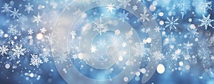 flying snowflakes close-up against blurred bokeh background, Christmas banner, copy space