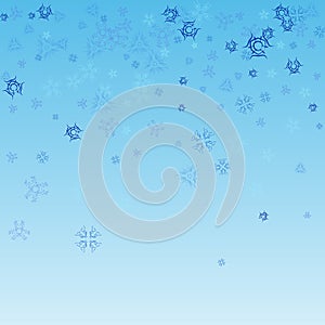 Flying snowflakes on a light blue background. Winter Abstract snowflakes. Falling snow.