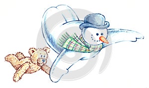 Flying Snowman and his Bear Friend