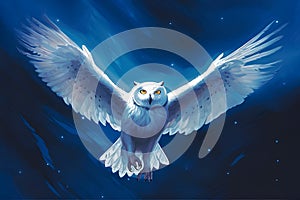 Flying snowy owl on blue starry sky. AI generative