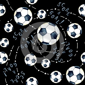Flying soccer ball on the background of watercolor stains, splash with the inscription score a goal. Seamless pattern