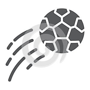 Flying soccer ball glyph icon, game and sport, football sign, vector graphics, a solid pattern on a white background.