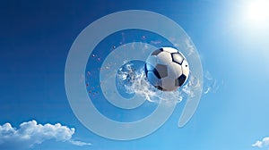 A flying soccer ball in the rays of the sun against the sky