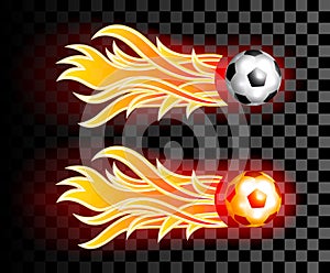 Flying soccer ball with red fire flames on dark transparent bac