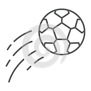 Flying soccer ball thin line icon, game and sport, football sign, vector graphics, a linear pattern on a white