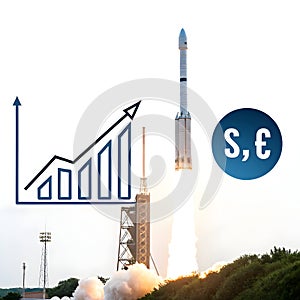 Flying space rocket with business graph icon photo