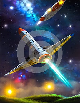 flying space rocket in the cosmos fantasy sci-fi background