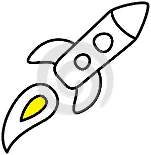 Flying spaceship as sign of successful launch. Rocket as new business project, startup idea