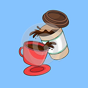 Flying spilled coffee on mug and to go cup vector outline illustration cartoon style flat design