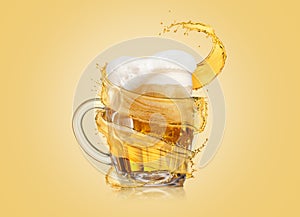 Flying spiral splash around mug of light fresh beer with thick foam.
