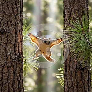A flying squirrel is gliding between two tree trunks in a forest. Its patagium, the