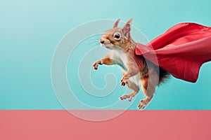 Flying squirrel in superhero cape on gradient pastel background with ample space for text placement