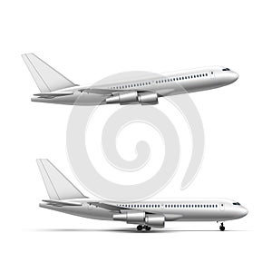 Flying and standing airplane, jet aircraft or airliner side view. Detailed passenger air plane on white background.